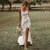 Simple Mermaid White Wedding Dress Spaghetti Straps High Slit Satin Backless Plain Bridal Gown Sweep Train Vestido de Novia Ivory 20W